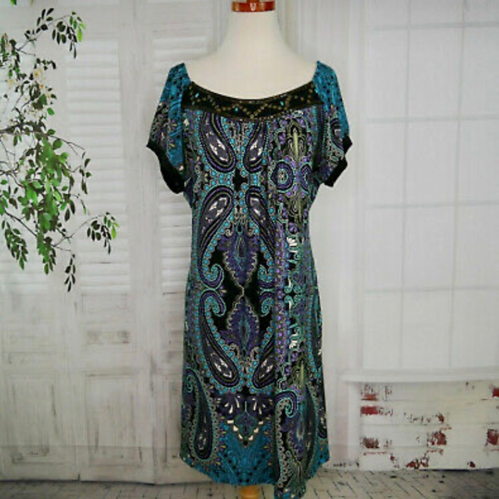 Robbie Bee 14 Beaded Shift Dress Paisley Mosaic Print Stretch Matte Jersey EUC